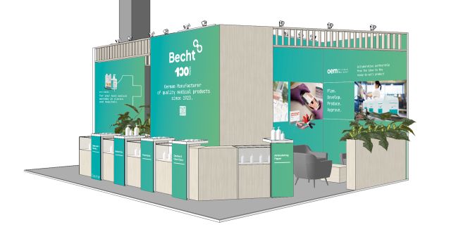 Moderner Messestand von Becht mit grüner Farbgestaltung, der medizinische Produkte und OEM-Services präsentiert.