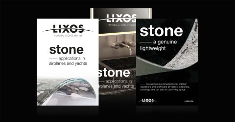 LIXOS Plakate für Luft- und Yachtinterieur Drei LIXOS-Werbeplakate mit Natursteinfurnier-Themen für Yachten und Flugzeuge, betont als echtes Leichtbaumaterial.