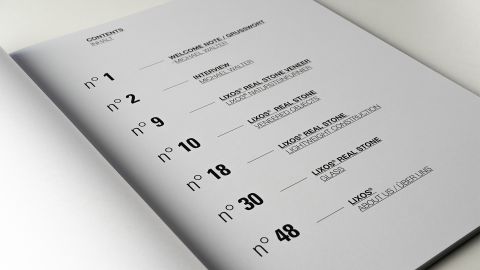 LIXOS Broschüre Inhaltsverzeichnis Inhaltsverzeichnis der LIXOS-Broschüre mit Themen zu Natursteinfurnier, Leichtbau, Glas und Designerobjekten.